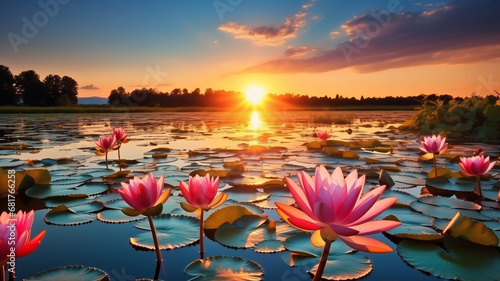 Landscape sunset on lake with beautiful pink lotus flowers, concept Vesak day photo