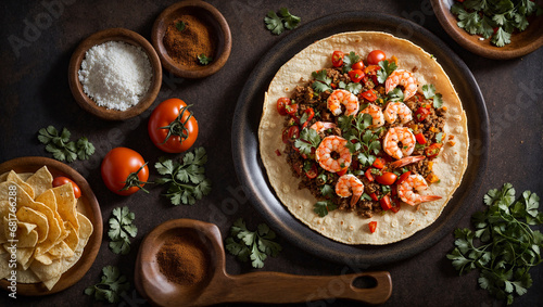 Appetizing taco with shrimp and tomatoes