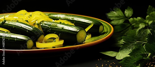 In a macro close-up, the texture of the green organic vegetables showcased vibrant shades of yellow on a plate, satisfyingly spiced with zucchini, making it a nutritious meal in a richly detailed photo