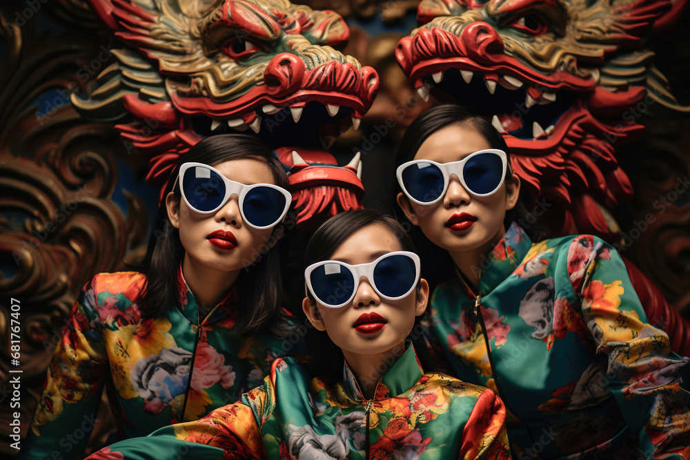Young Chinese women posing with traditional costume and sunglasses with big dragon sculptures behind