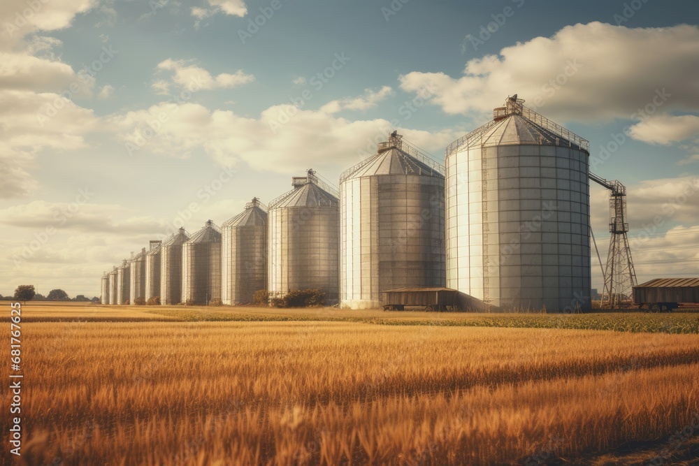 Rustic Grain silos countryside. Crop farm. Generate Ai - obrazy, fototapety, plakaty 