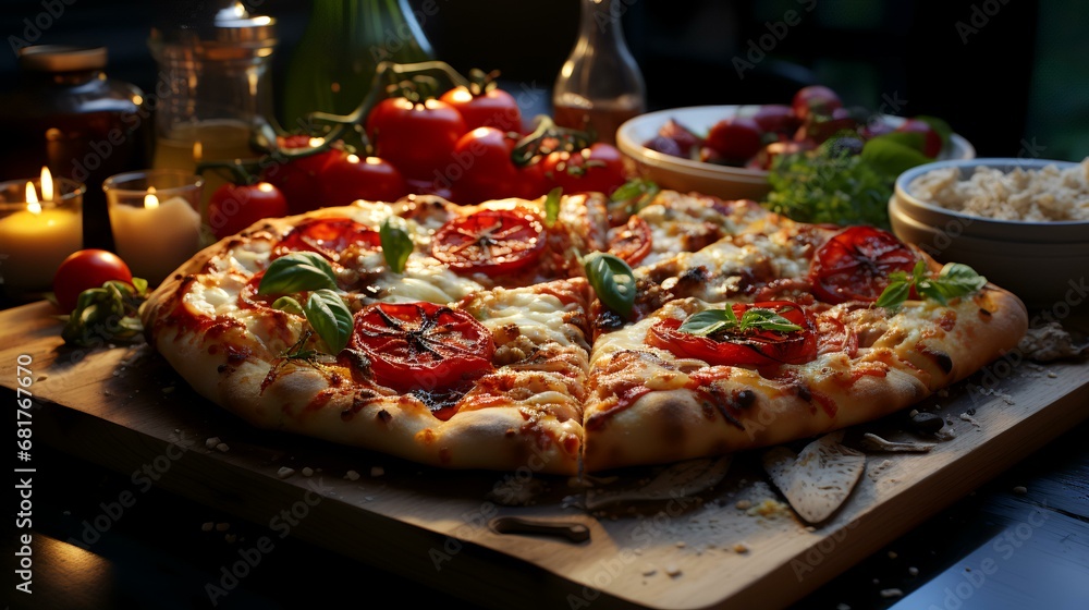 Pizza with mozzarella cheese, tomatoes and basil on wooden board