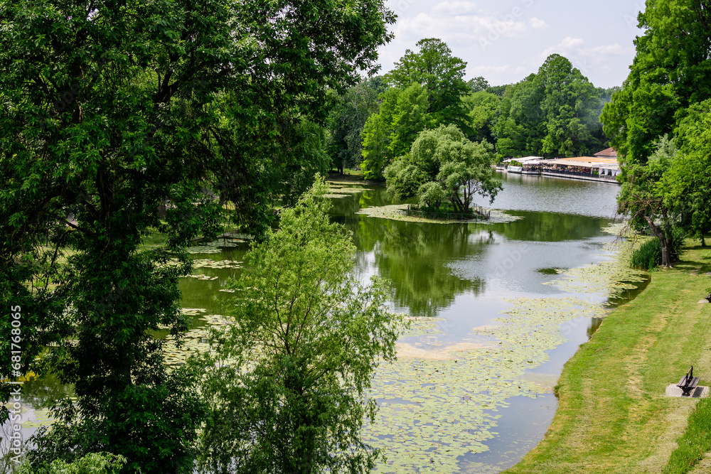 Vivid landscape in Nicolae Romaescu park from Craiova in Dolj county, Romania, with lake, waterlillies and large green tres in a beautiful sunny spring day with blue sky and white clouds