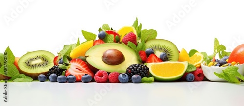 In a picturesque setting, a mouth-watering salad with colorful fruits and fresh green leaves is captured against an isolated white background, representing the harmonious fusion of nature and health