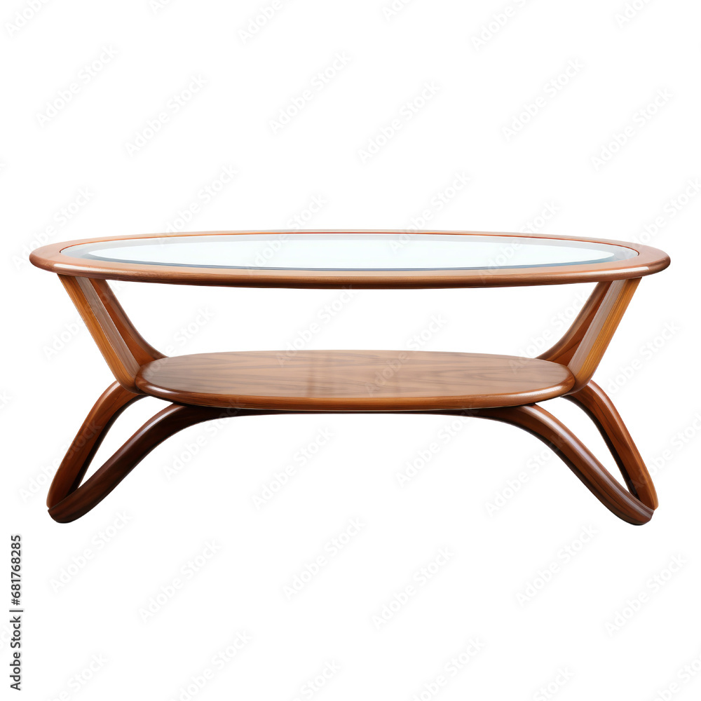 A modern round wooden coffee table with glass top, sleek design and bottom shelf, isolated on a transparent background. A modern round wooden coffee table with glass top, sleek design and bottom shelf, isolated on a transparent background.