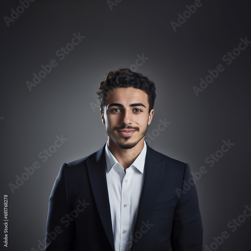 Portrait of young arabic businessman and sustainable business entrepreneur staring at the camera in a photography studio. Isolated against modern neutral background