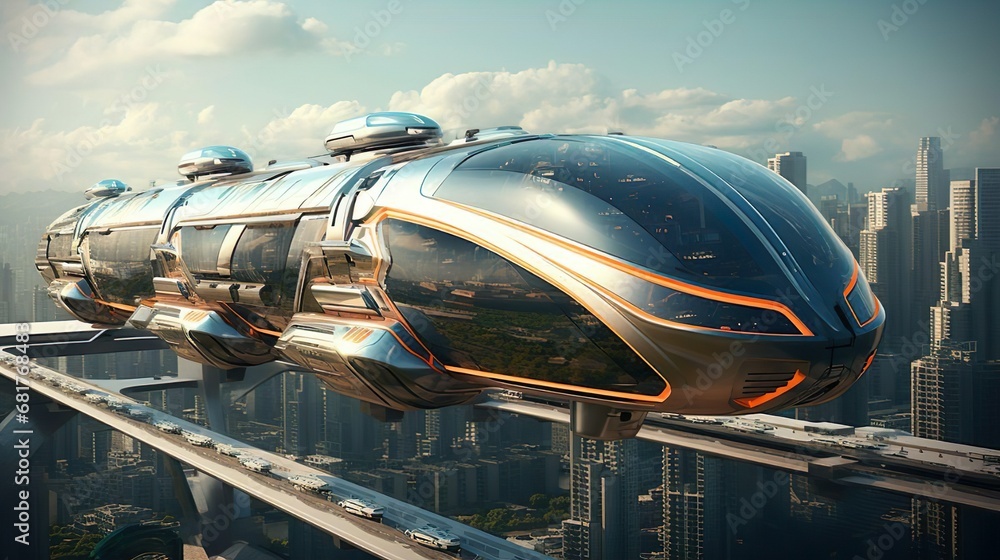 Passenger flying train bus drone air taxi. Electric eco self-driving ...