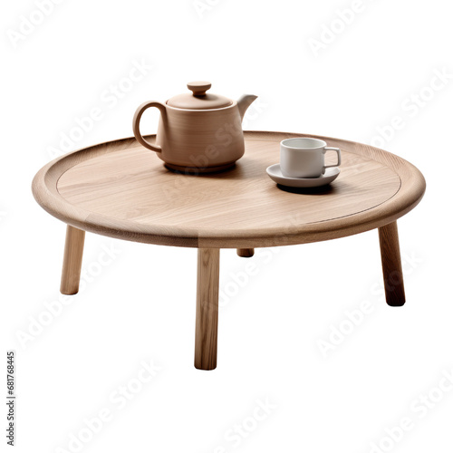 A modern round wooden coffee table with teapot and cup a sleek design, isolated on a transparent background.