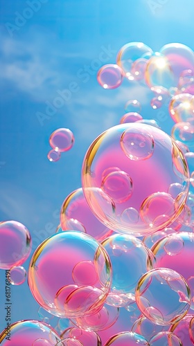 A lot of pink transparent bubbles fly on a blue background