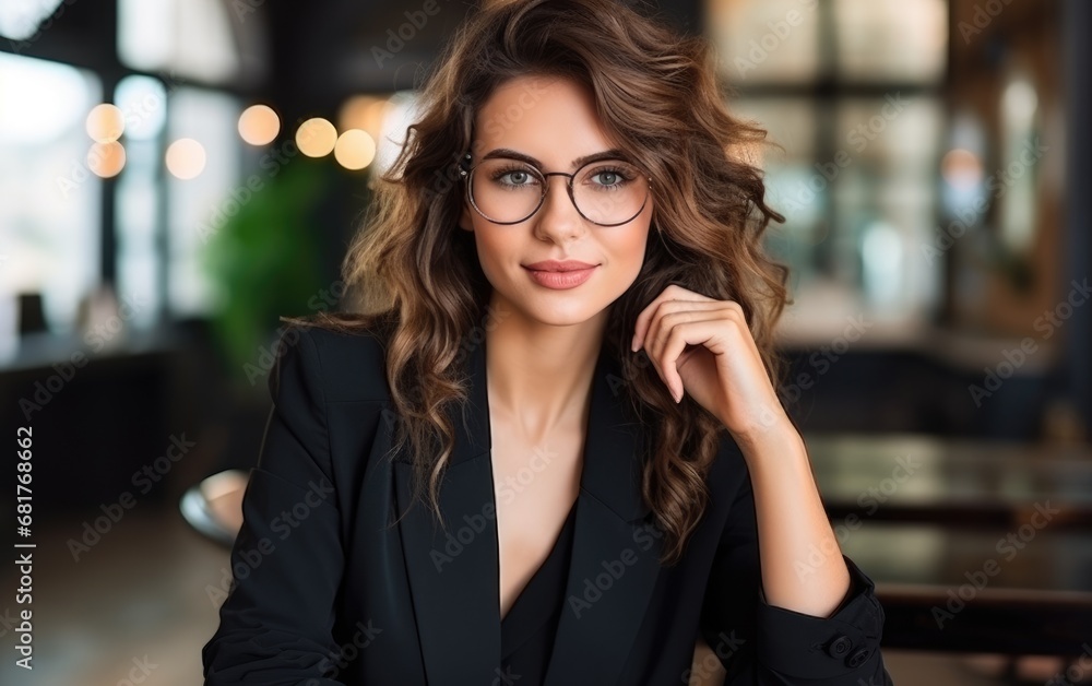 A beautiful business woman in a black suit and glasses in the office