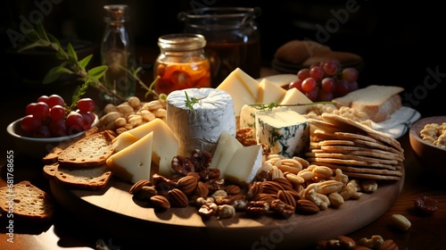 Cheese platter with grapes, nuts and crackers on dark background