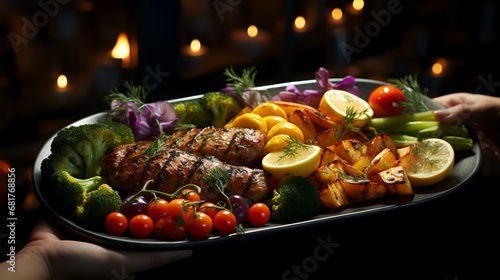 Hands holding a plate with grilled meat and vegetables on a dark background