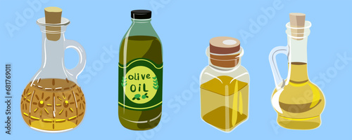 glass objects in vector. decanter and bottles with vegetable oil in semi-realistic style. objects for the design of a menu for a cafe bar restaurant application website leaflet booklet.
