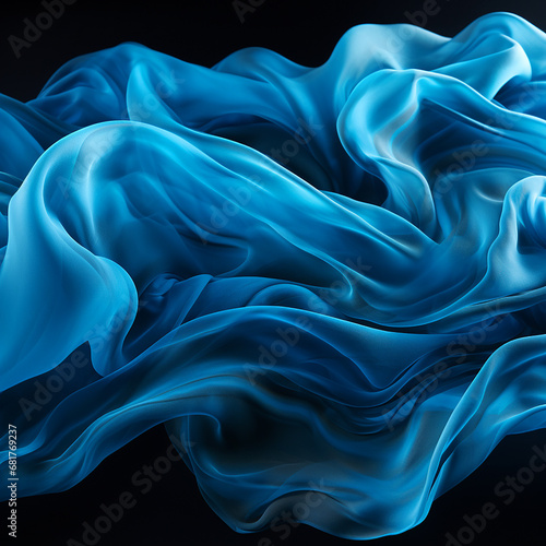 Blue silk scarf flying on black, texture of blue thin smooth fabric, folds and play, beautiful bright background, textile wallpaper