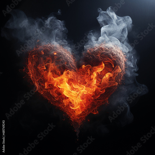 Flaming burning heart on black, love background, valentines day, romantic wallpaper 