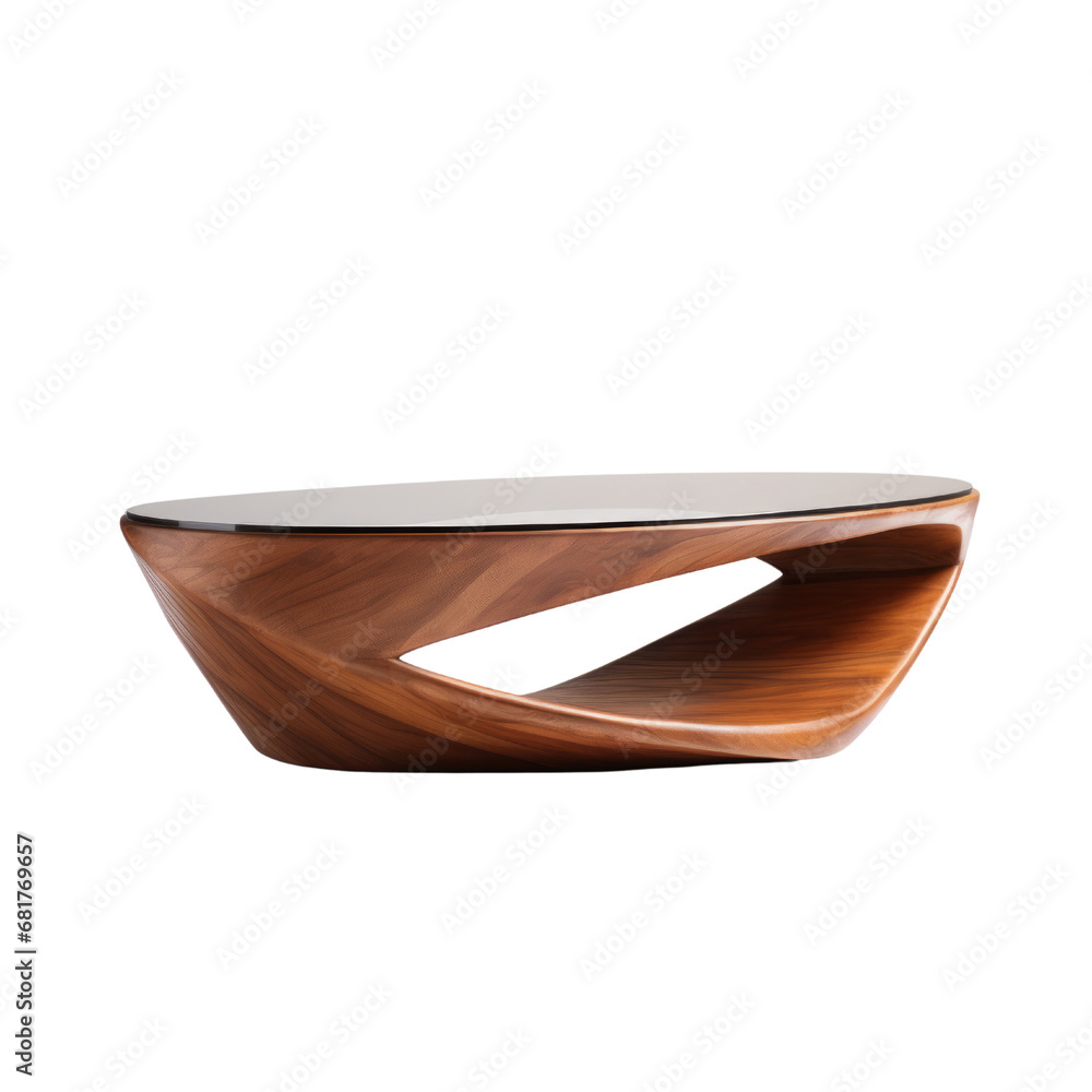 A contemporary wooden coffee table with a dynamic, flowing shape and smooth finish. A contemporary wooden coffee table with a dynamic, flowing shape and smooth finish.