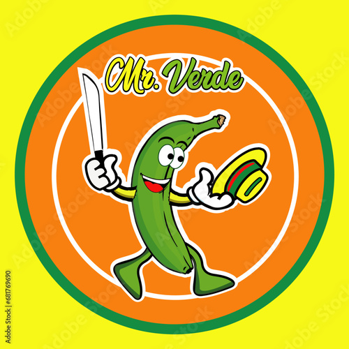 Plátano verde, ilustración de plátano verde, dibujo caricatura full color de un plátano verde.