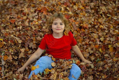 Kid sit in fallen autumn leaves. Vibrant foliage surrounds them in the park. A golden sunset bathes the scene in warm light. Child s Autumn Adventure in the Park