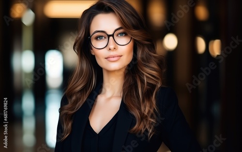 A beautiful business woman in a black suit and glasses in the office