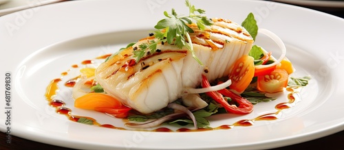 In a charming coastal restaurant, a beautifully presented white fish dish is being devoured by a hungry diner. The healthy grilled seafood, adorned with fresh vegetables and a hint of lemon, is the photo