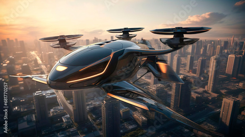 Personal transportation of the future. Air vehicle, flying car drone air taxi. Electric eco self-driving passenger drone aircraft flying in the sky above the city. Sci fi ship futuristic future photo