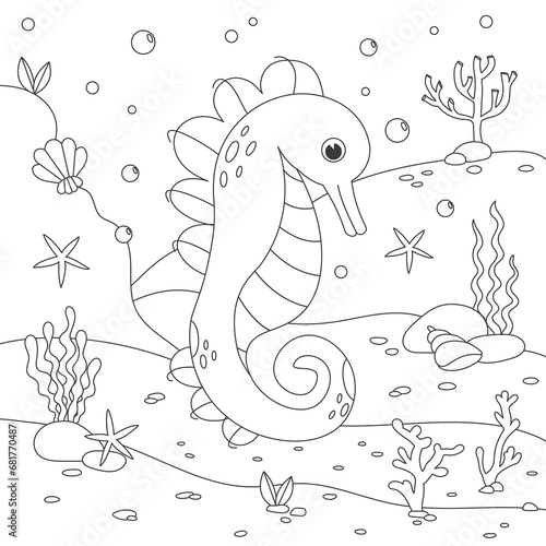 Childrens antistress coloring book with a seahorse  seabed and algae. stock illustration. Outline illustration of underwater life and marine animals. Underwater life of marine animals.