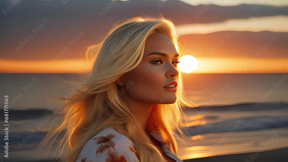 woman on the beach at sunset