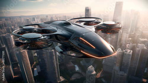 Passenger transportation of the future. Air vehicle, flying car drone air taxi. Electric eco self-driving passenger drone aircraft flying in the sky above the city. Sci fi ship futuristic future photo