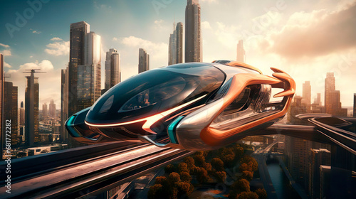 Passenger flying train bus drone air taxi. Electric eco self-driving aircraft flying in the sky above the city. Sci fi ship futuristic future innovation transportation urban concept. Aerial view. photo