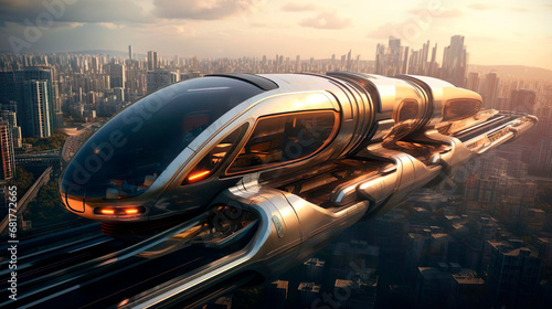 Passenger flying train bus drone air taxi. Electric eco self-driving aircraft flying in the sky above the city. Sci fi ship futuristic future innovation transportation urban concept. Aerial view.