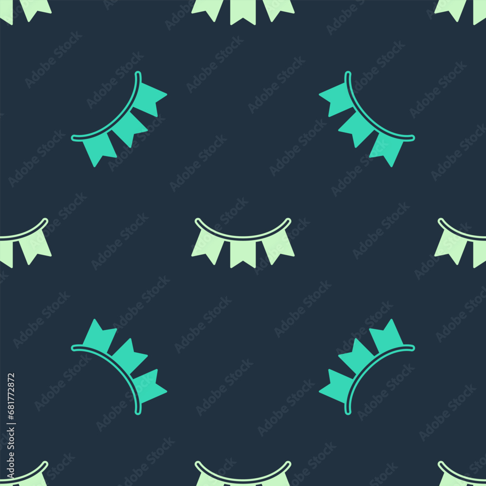 Green and beige Carnival garland with flags icon isolated seamless pattern on blue background. Party pennants for birthday celebration, festival decoration. Vector Green and beige Carnival garland with flags icon isolated seamless pattern on blue background. Party pennants for birthday celebration, festival decoration. Vector