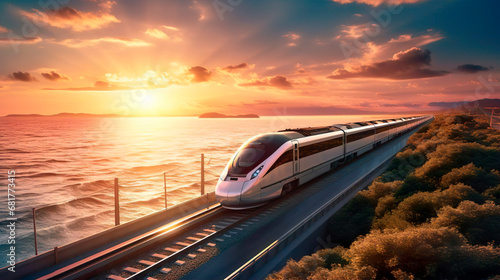 Long distance fast modern express passenger train on high speed railway. Sea ocean landscape. Public transport. Planning vacation  tourism  journey  railroad  travel.