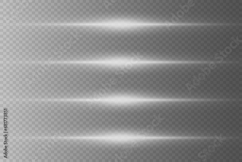 Set of white horizontal highlights. Laser light beams, horizontal light beams. Beautiful light flashes. On a transparent background.
