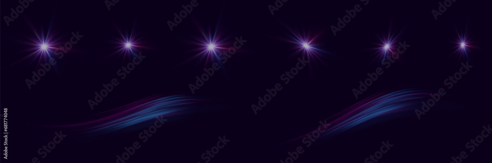 Glowing lens flares. A set of beautiful glare and light effects. Sparkling flash light effects with colorful shimmer. Shining abstract background. Vector illustration