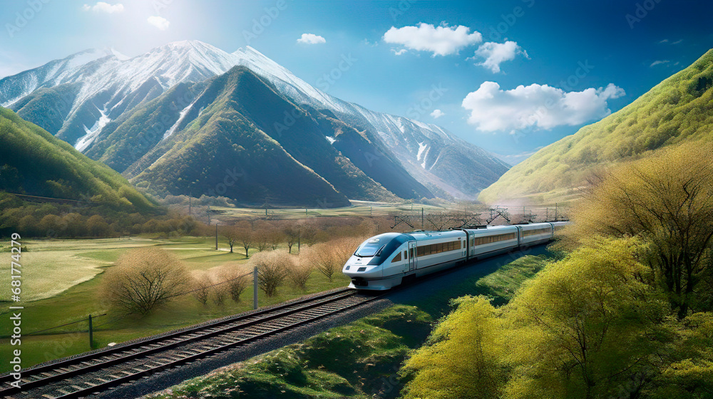 Long distance fast modern express passenger train on high speed railway. Mountain landscape. Public transport. Planning vacation, tourism, journey, railroad, travel.