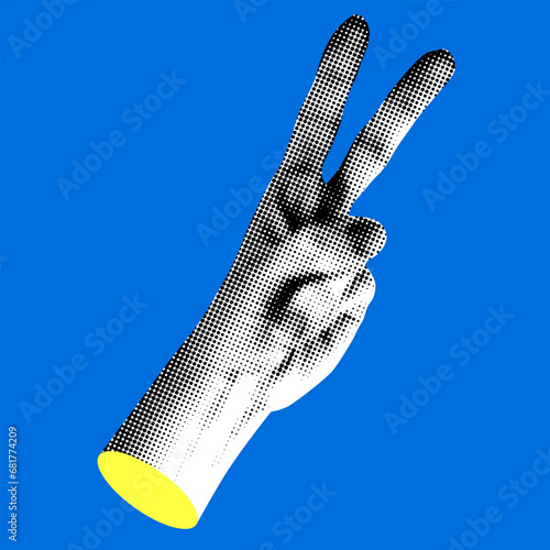 Retro halftone hand gestures. Modern collage. Peace sign. Pop art dotted style. Hand with V sign for victory with halftone texture. Trendy vintage newspaper parts. Paper cutout element. Y2K style