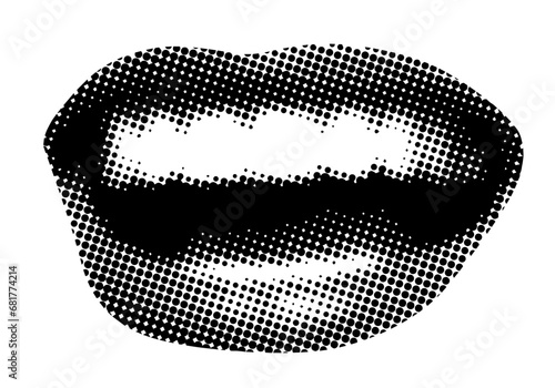 Retro halftone mouth. Modern collage. Woman's smile. Pop art dotted style. Laughing mouth. Trendy vintage newspaper parts. Lips with halftone texture. Paper cutout element. Y2K style. Body part