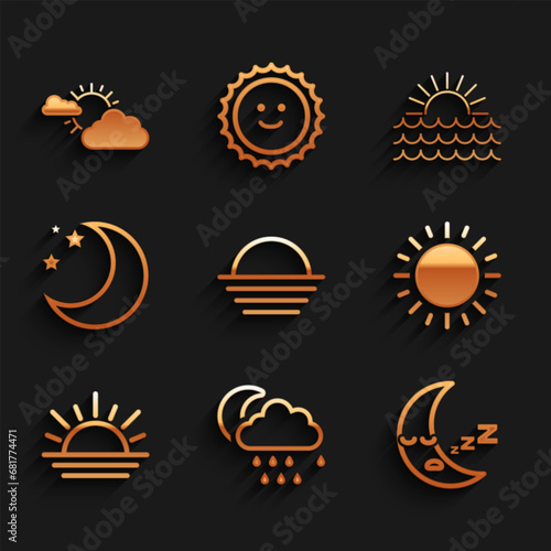 Set Sunset, Cloud with rain and moon, Moon icon, stars, and cloud weather icon. Vector