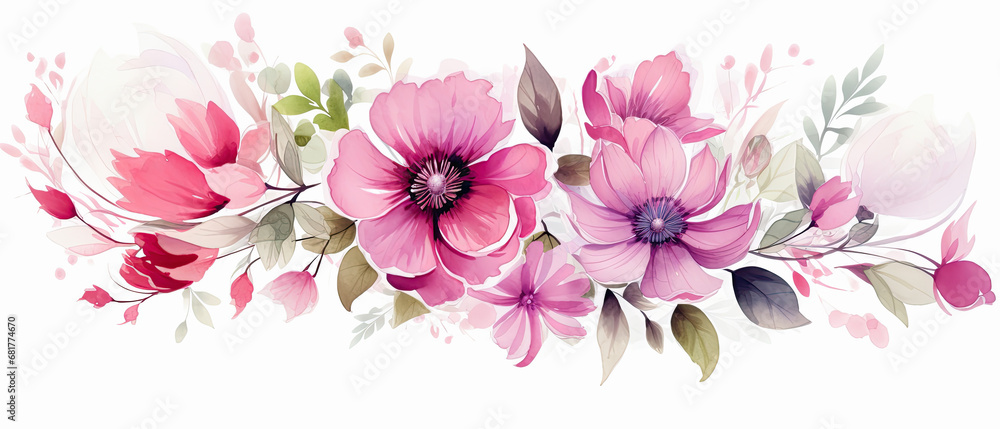 Fondo floral de acuarela en tonos purpuras y rosas, sobre fondo blanco - obrazy, fototapety, plakaty 