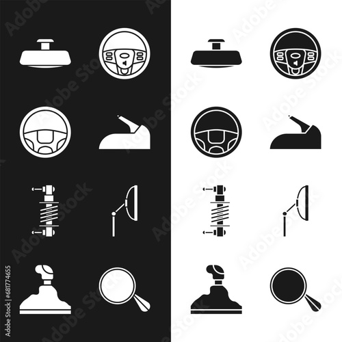 Set Car handbrake, Steering wheel, mirror, Shock absorber, Windscreen wiper, and Gear shifter icon. Vector