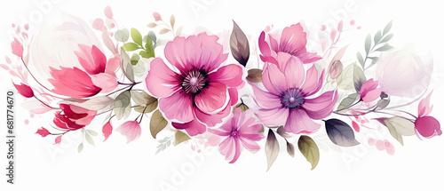 Fondo floral de acuarela en tonos purpuras y rosas, formando una cenefa horizontal sobre fondo blanco. Concepto celebraciones, invitaciones, boda, dia de la madre photo