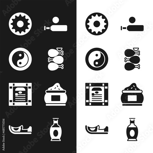 Set Tandoori chicken, Yin Yang, Chakra, Wood cricket bat ball, India constitution day, Indian spice, vase and shoes icon. Vector