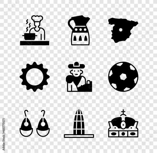 Set Spanish cook, Sangria pitcher, Map of Spain, Earrings, Agbar tower, Crown spain, Sun and Bullfight, matador icon. Vector