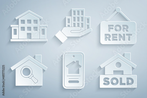 Set Online real estate house, Hanging sign with For Rent, Search, text Sold, Skyscraper and House icon. Vector