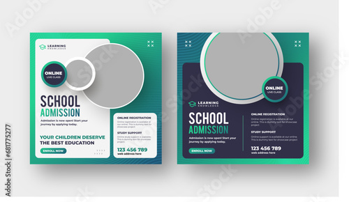 School admission social media post web banner template, online education square post template 