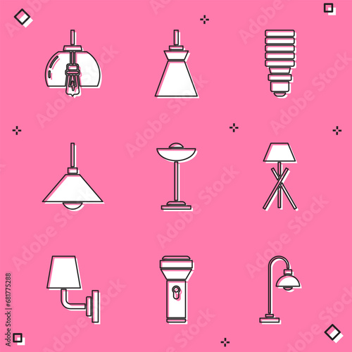 Set Chandelier, Lamp hanging, LED light bulb, Floor lamp, Wall sconce and Flashlight icon. Vector © vector_v