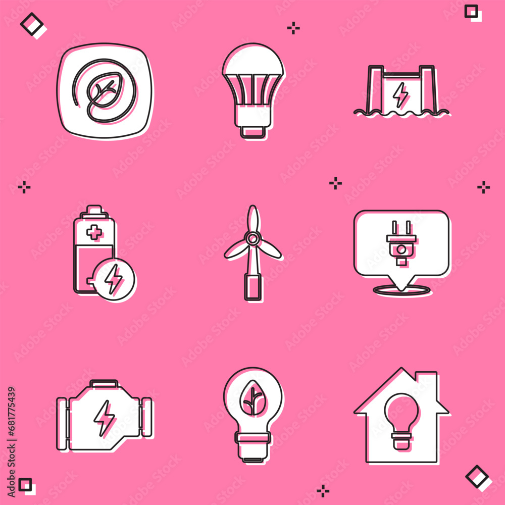 Set Location with leaf, LED light bulb, Hydroelectric dam, Battery, Wind turbine, Electric plug, Check engine and Light icon. Vector Set Location with leaf, LED light bulb, Hydroelectric dam, Battery, Wind turbine, Electric plug, Check engine and Light icon. Vector