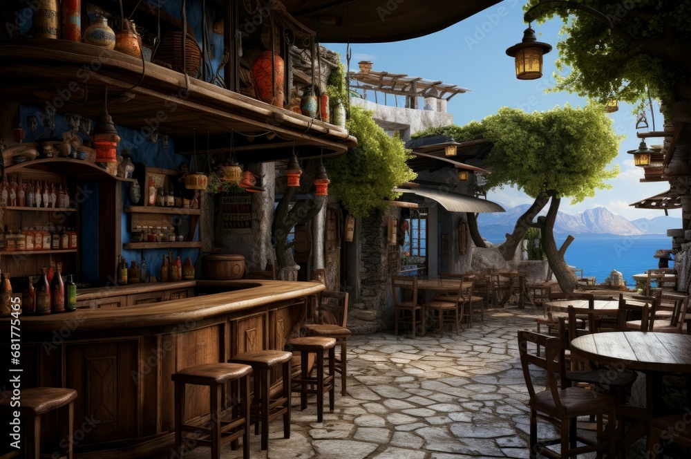 Picturesque Greek tavern near sea. Travel greece. Generate Ai