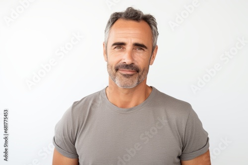 Portrait of handsome mature man in gray t-shirt on white background