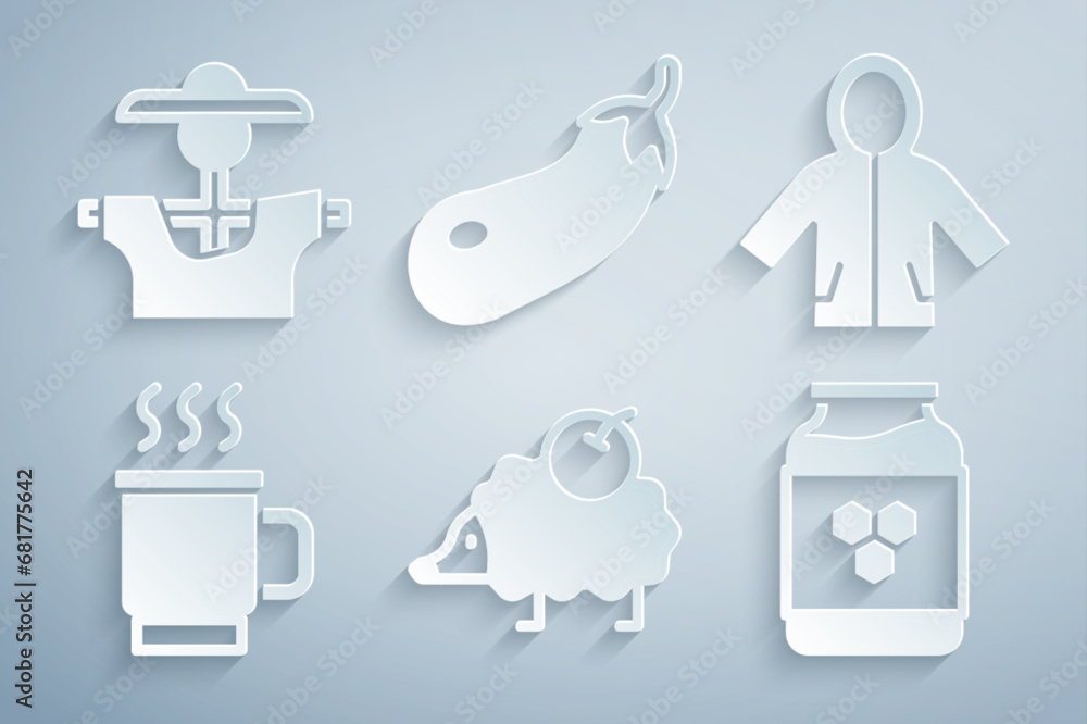 Set Hedgehog, Raincoat, Cup of tea, Jar honey, Eggplant and Scarecrow icon. Vector Set Hedgehog, Raincoat, Cup of tea, Jar honey, Eggplant and Scarecrow icon. Vector